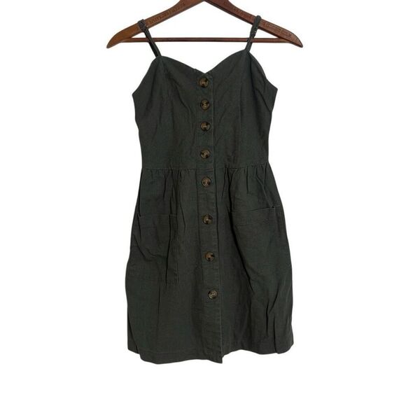 Cisono Button Front Linen Blend Apron Mini Dress Olive Green Size Small - Picture 1 of 10